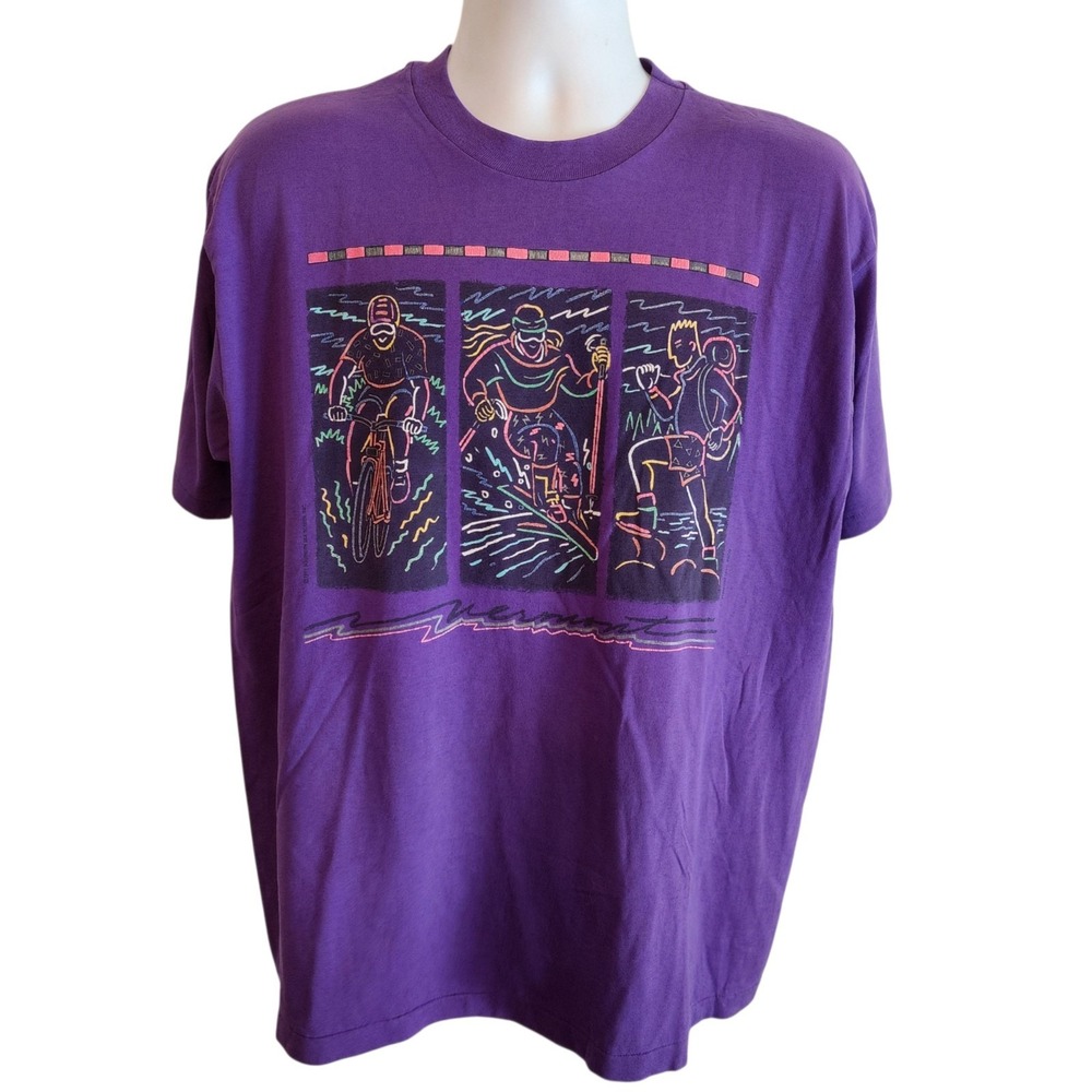 Vintage 1991 Hanes XL Retro Outdoor Sports Graphic T Shirt USA Made Purple 90s